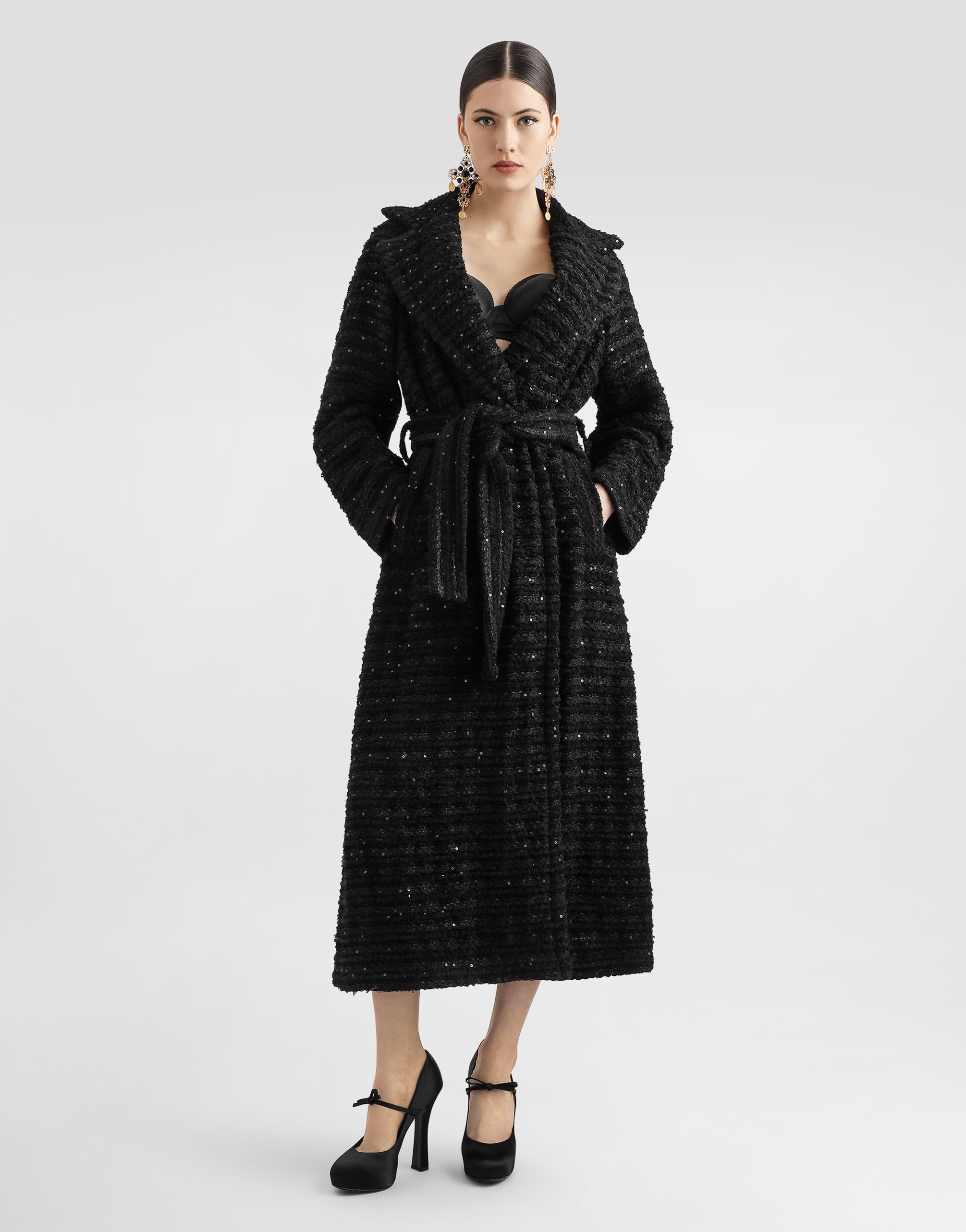 Твидовое пальто с отделкой из микропайеток Dolce & Gabbana, черный — фото 2