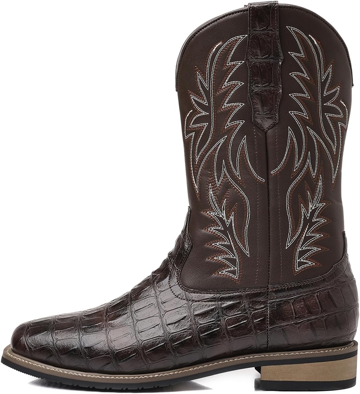 

Мужские ковбойские сапоги CWHXLYNV с вышивкой и узором под крокодила, прочные сапоги в западном стиле, коричневый