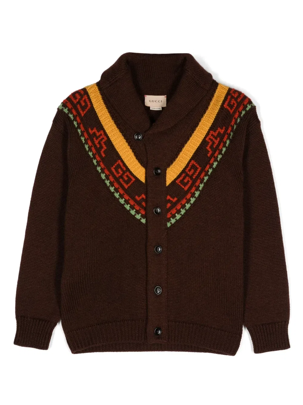 Кардиган с узором, связанным интарсией Gucci Kids, коричневый