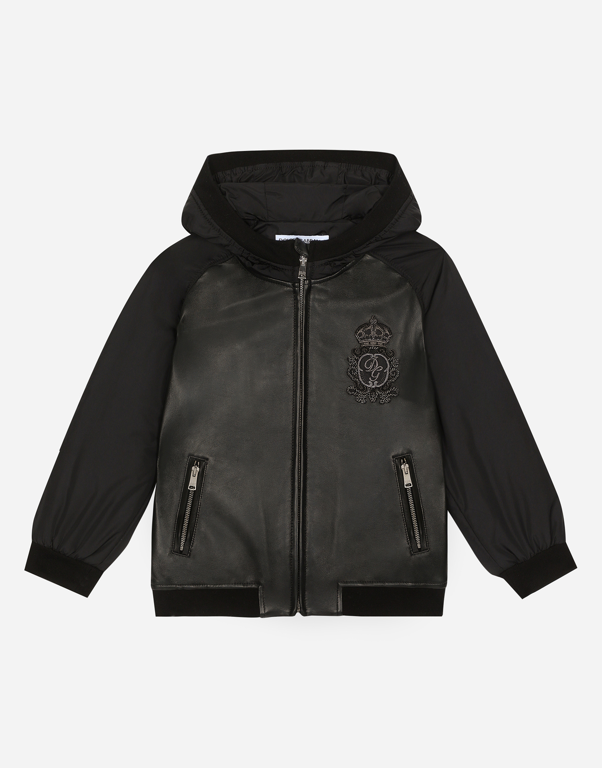 

Бомбер с капюшоном из кожи и нейлона с нашивкой с логотипом Dolce&Gabbana, черный