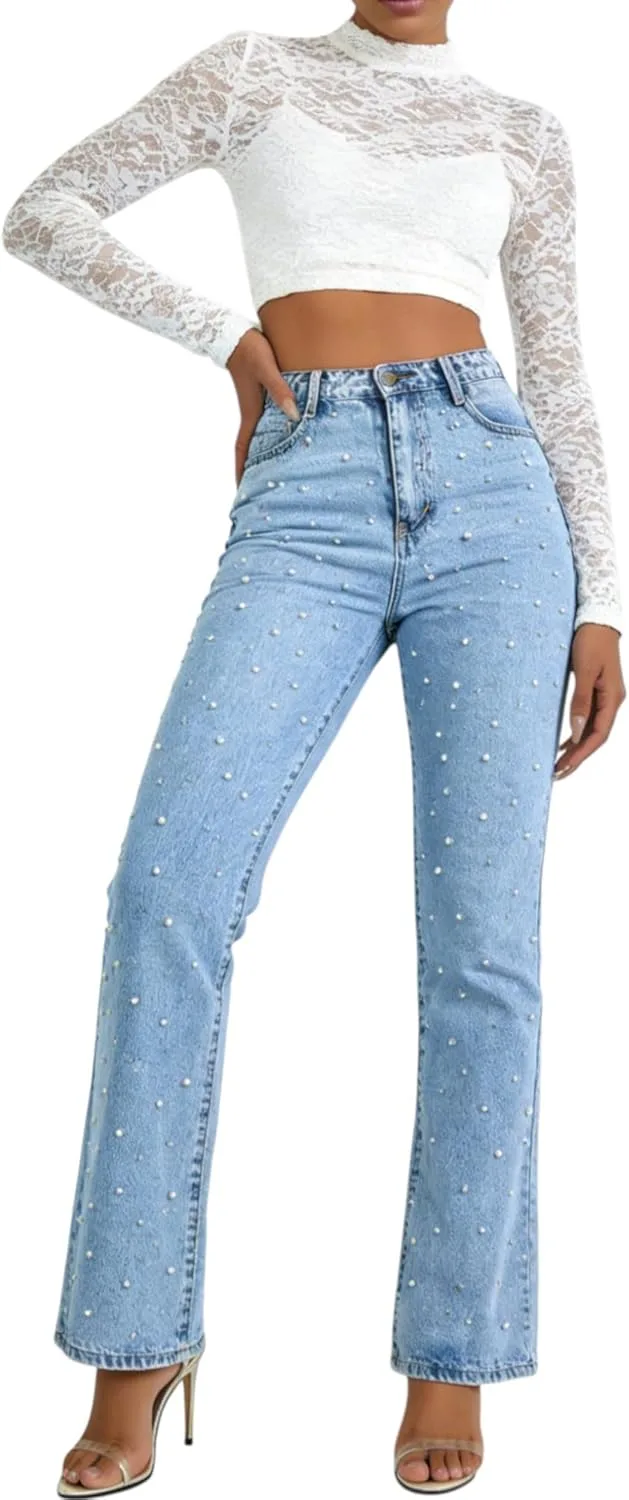 

Pearl Jeans для женщин Y2K Boyfriend, широкие прямые джинсы с пайетками CFNZER