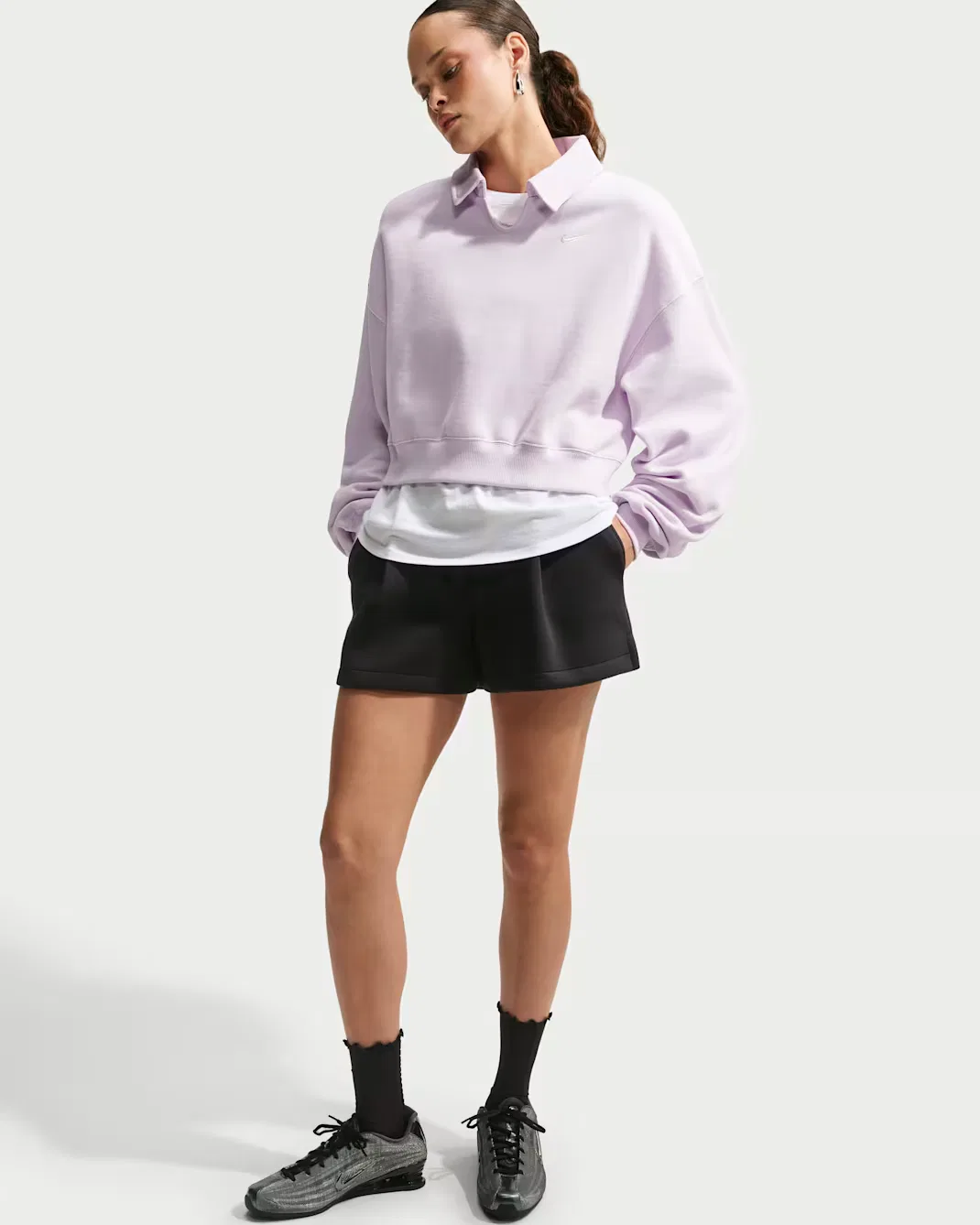 Женская укороченная рубашка-поло свободного кроя Nike Studio Fleece Medium Weight, Bleached Lilac/Sail