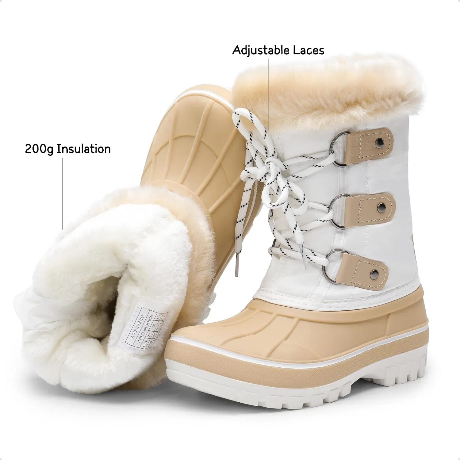 Детские зимние водонепроницаемые снежные ботинки DREAM PAIRS, Beige/White — фото 3
