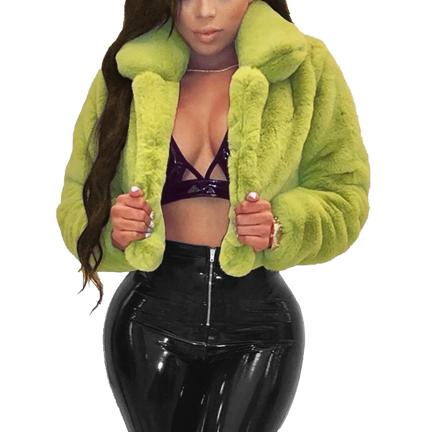 Женский короткий кардиган из искусственного меха с длинным рукавом, Light Green