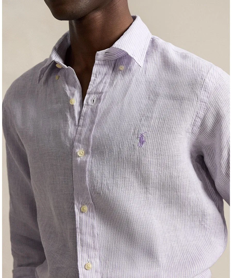 Мужская рубашка с коротким рукавом из льна Polo Ralph Lauren, Powder Purple/White — фото 3