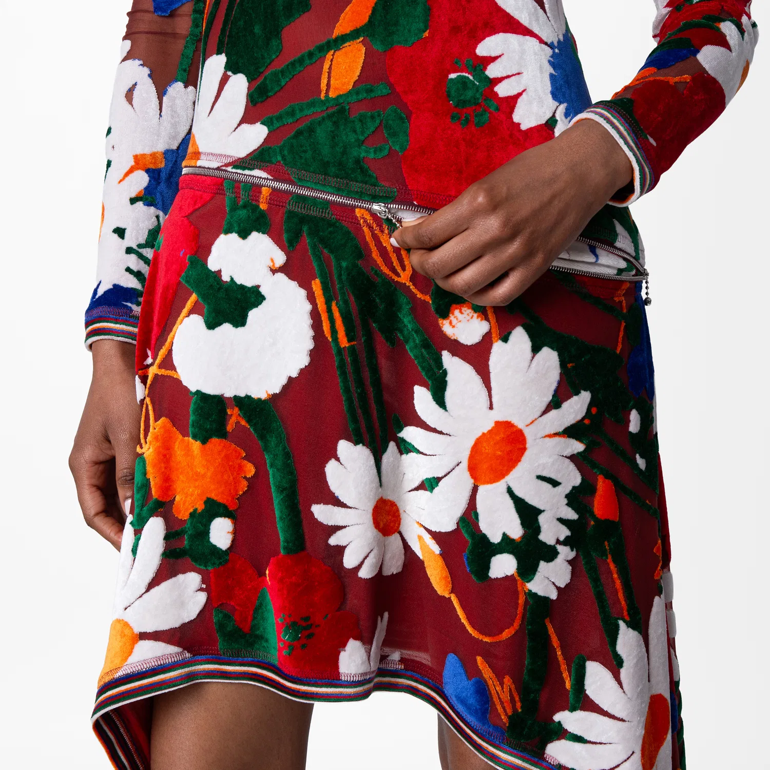 Платье из бархата с принтом Daisy Garden Burberry, Red/White Ip Pattern — фото 2