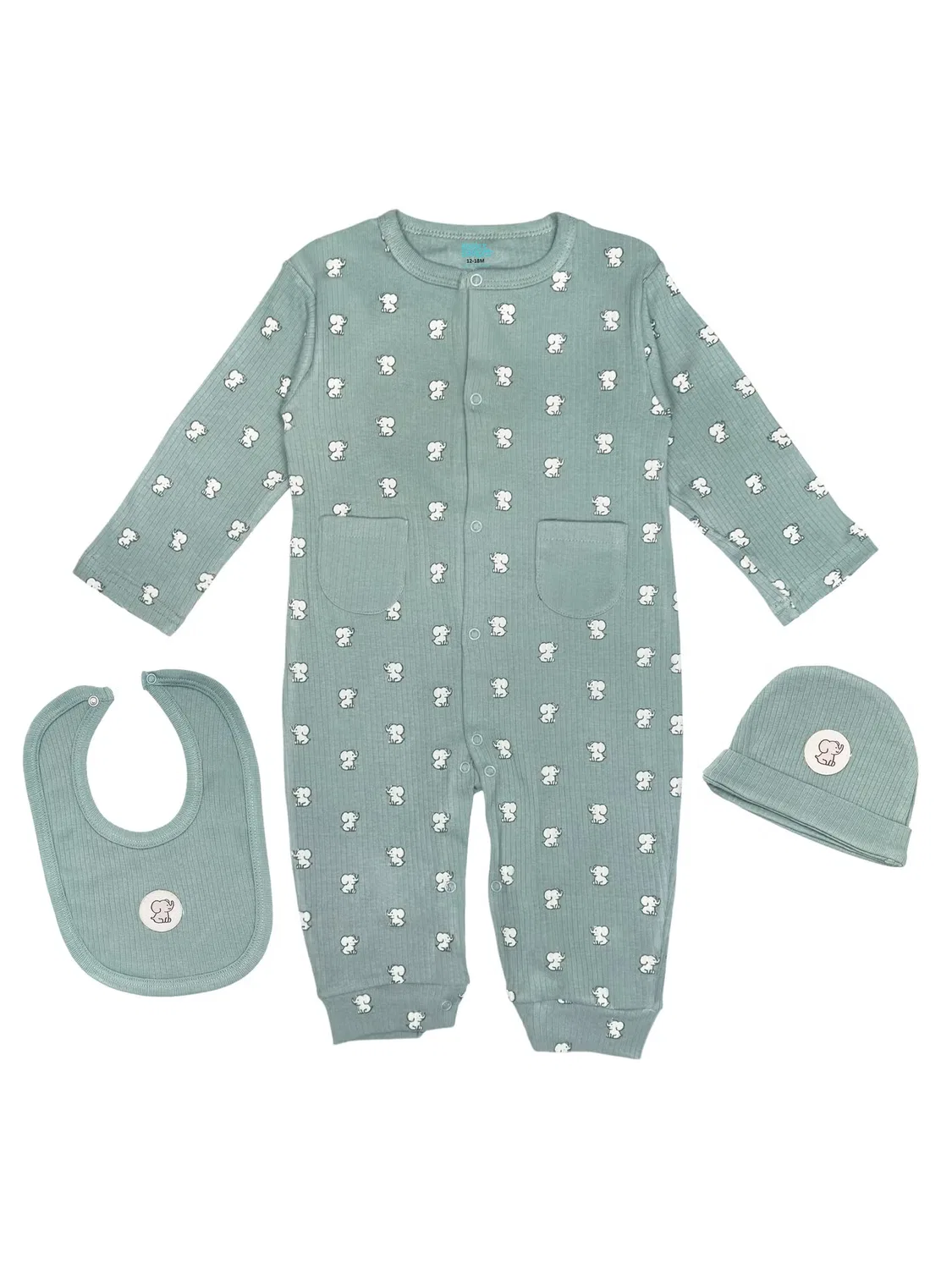Комплект из риба с комбинезоном, шапочкой и слюнявчиком Babies Basic, зеленый