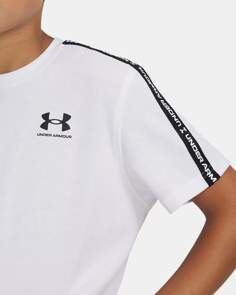 Футболка для мальчиков с тесьмой-логотипом на плечах и рукавах UA Sportstyle Taped UnderArmour, White/Black — фото 3