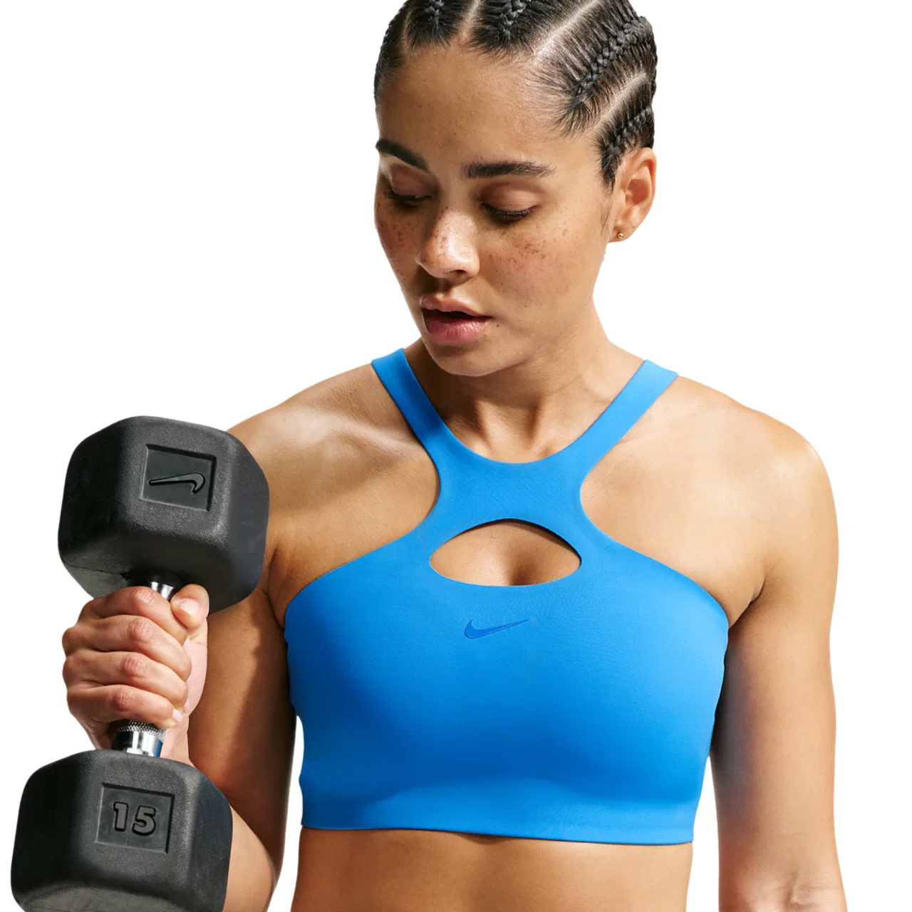 Женский спортивный бюстгальтер Universal Mid Support Nike, цвет Blue Spark/Lt Photo Blue/Blue Spark — фото 3