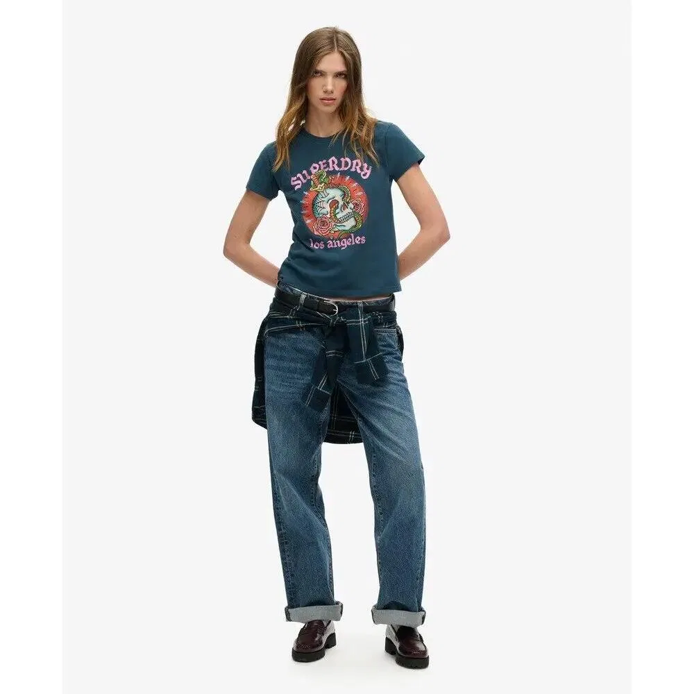 Женская облегающая футболка с принтом T-Shirt mit Strass und Tattoo-Effekt Superdry, Midnight Indigo — фото 2