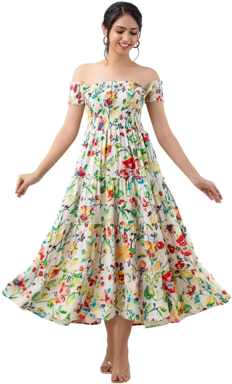 Женское летнее платье миди с цветочным принтом офф-ш shoulder, White Floral