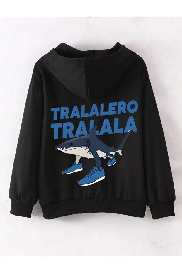Детское худи с принтом для девочек tralalero tralala crazy fish printed on back and front No Plan, Черный