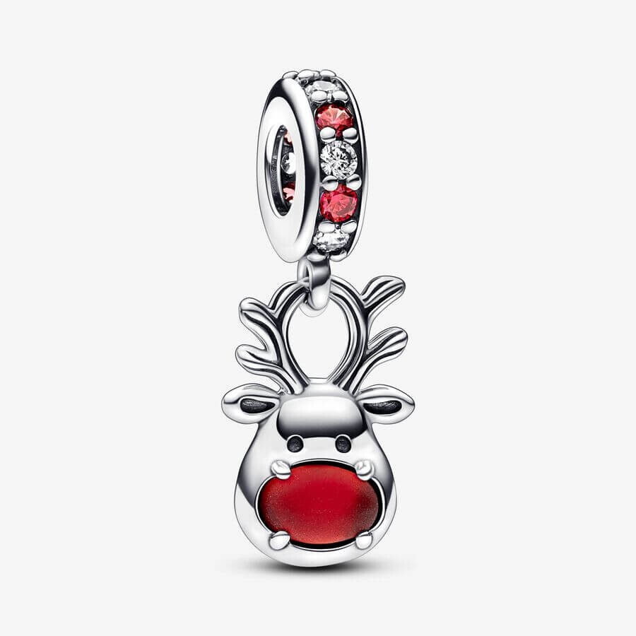 

Шарм-подвеска Pandora Moments Nose Reindeer Murano, серебро/красный