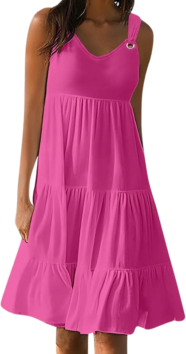 Женское летнее платье свободного кроя с воланами, Hot Pink