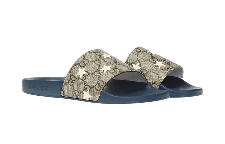 Детские шлепанцы из синтетической кожи с принтом, модель GUCCI, Brown Blue — фото 4