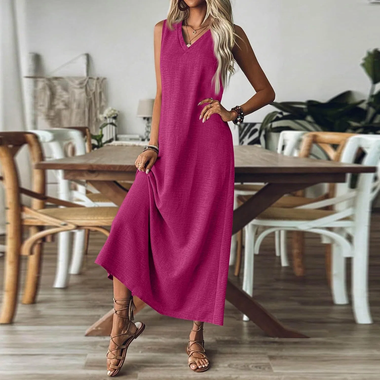Женское летнее платье-миди свободного кроя из хлопка и льна, Hot Pink — фото 3
