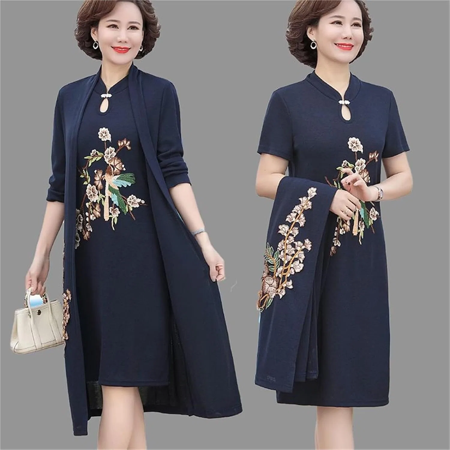 Женский костюм-двойка с длинным кардиганом и миди-платьем Generic, Navy Blue — фото 3