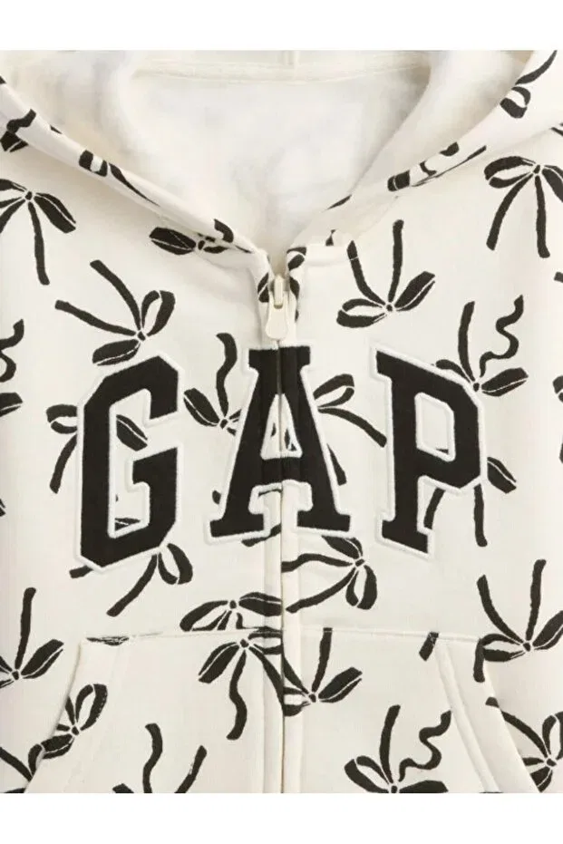 Детское худи для девочек на молнии с капюшоном Mixed Print Fleece-Lined Zip-Up Jacket Gap Kids, Ecru — фото 2
