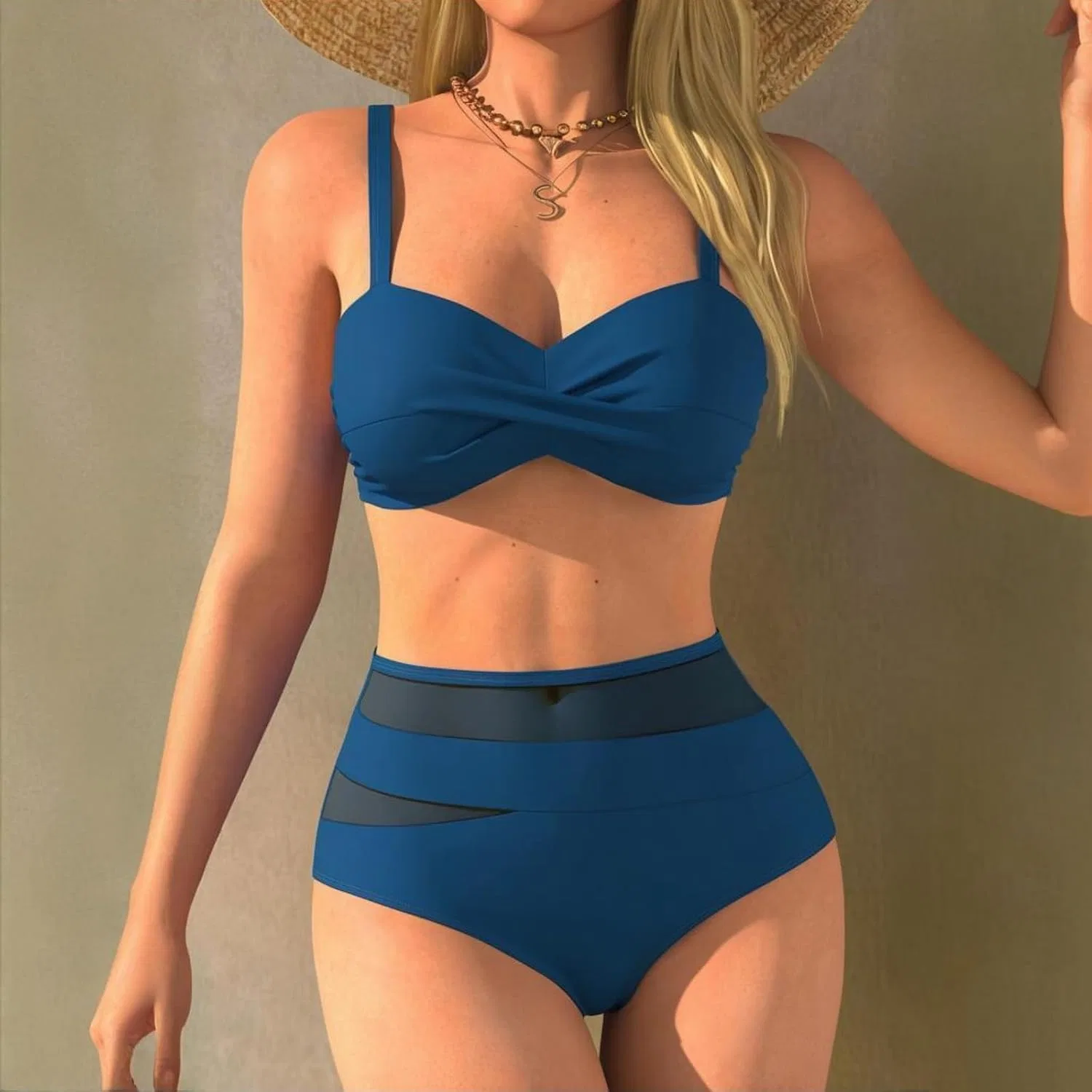 Женский купальный костюм с вырезами высокий талией 2-piece, Dark Blue — фото 3