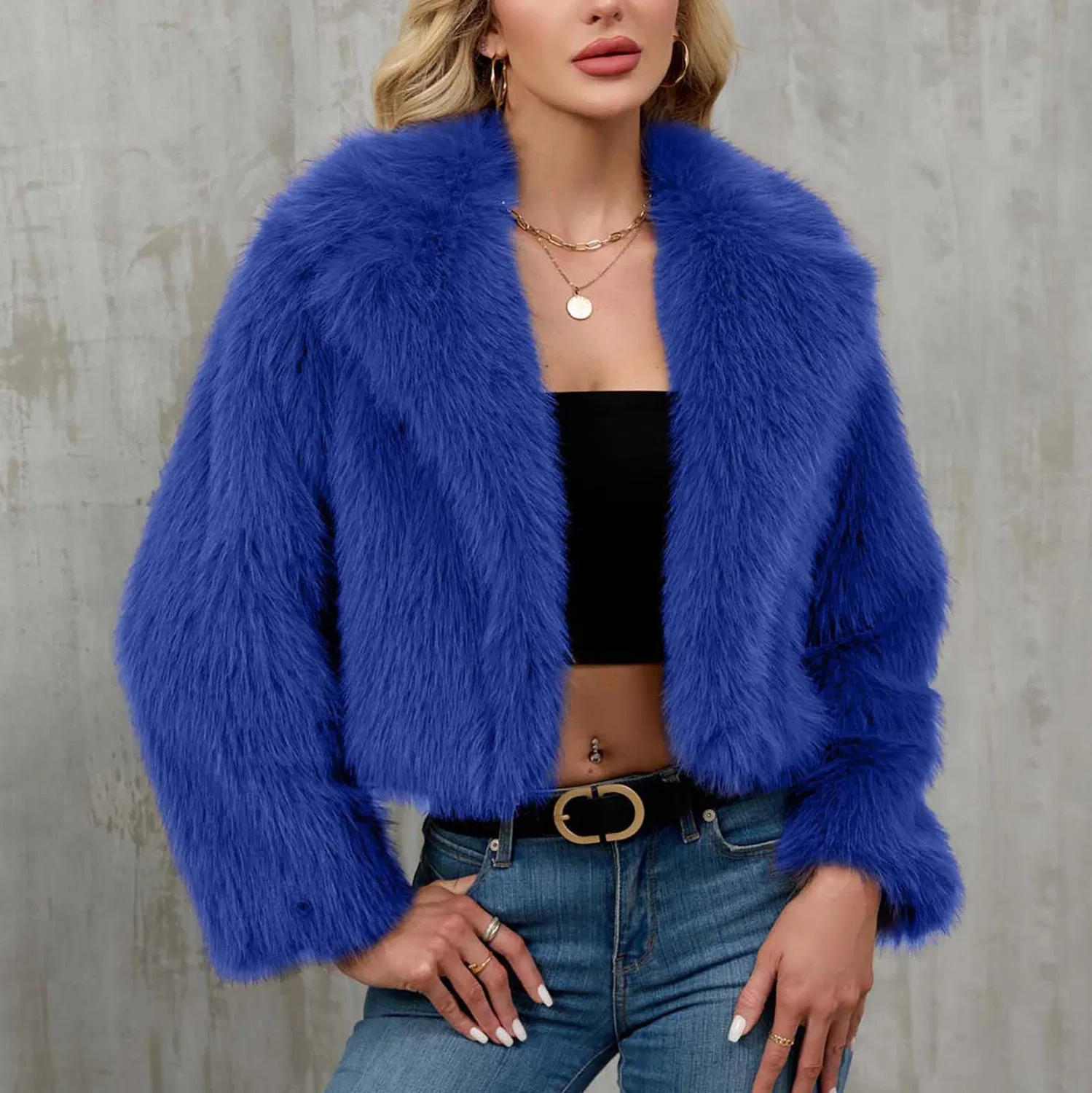 Женское пальто из искусственного меха с длинным рукавом, укороченное, C Blue — фото 2