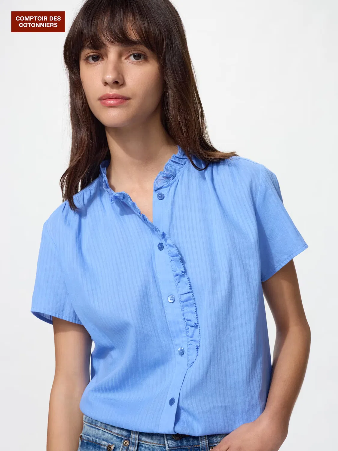 Рубашка Uniqlo, полосатая хлопковая, с оборками, синяя