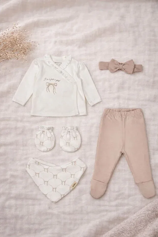 Детский комплект для новорожденных из 5 предметов хлопковый Babycosy Organic Wear, Ecru — фото 3