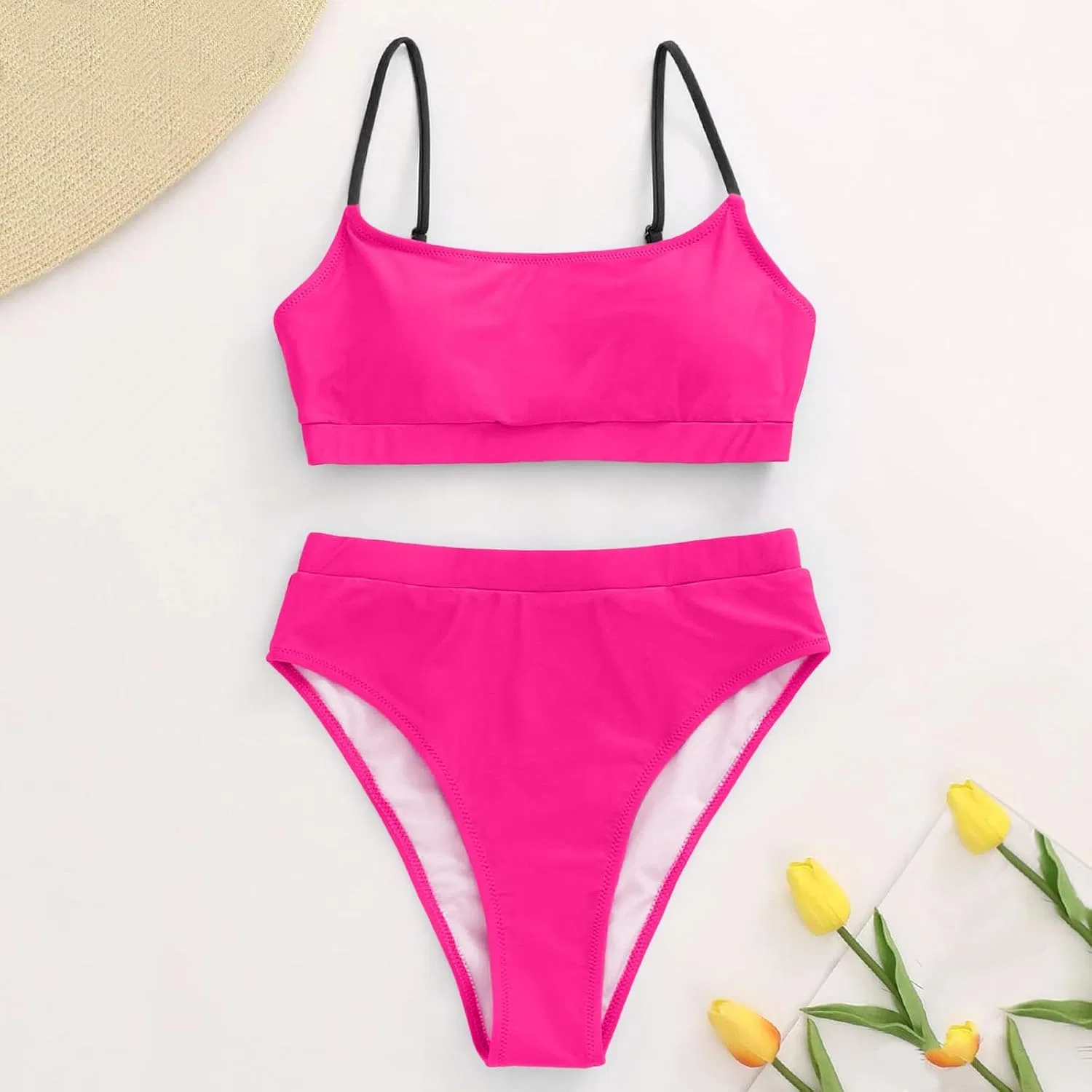 Женский бикини-комплект с высокой талией и подкладкой, Hot Pink — фото 4