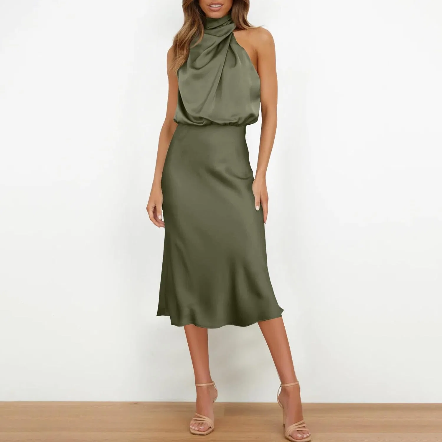 Женское атласное платье миди с открытой спиной, Army Green — фото 2
