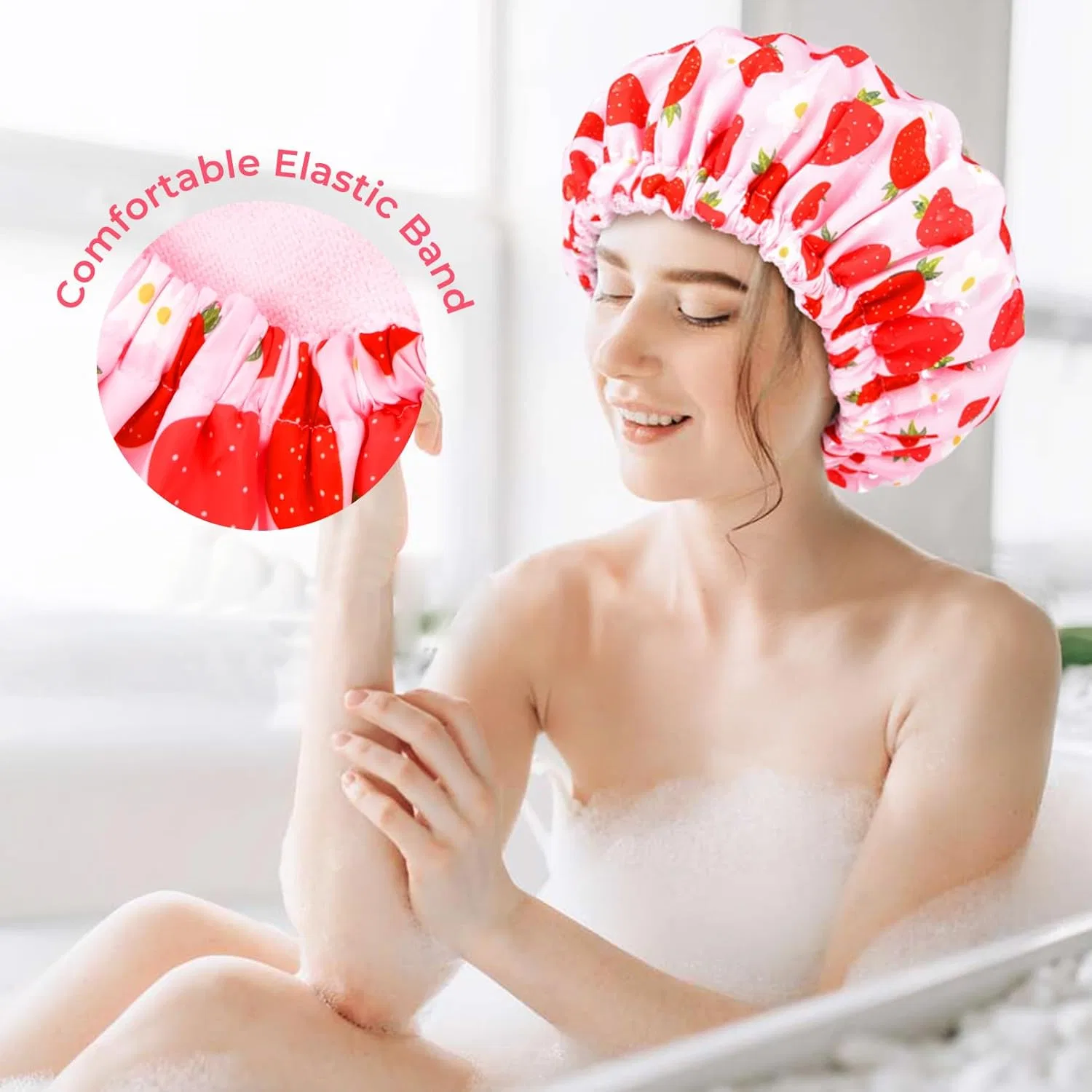 Шапочка для душа Terry Cloth Lined Large Reusable Waterproof, Aileam, Cotton, Pink Strawberry Flowers — фото 4