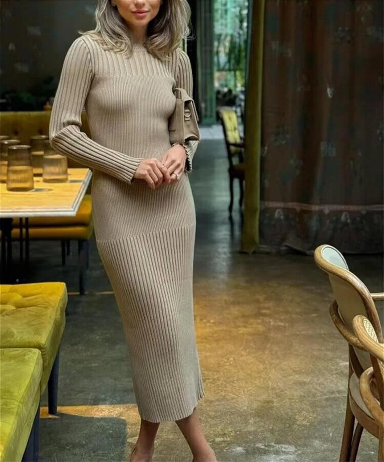 Женское облегающее платье макси с длинным рукавом Ribbed Knit, Khaki — фото 4