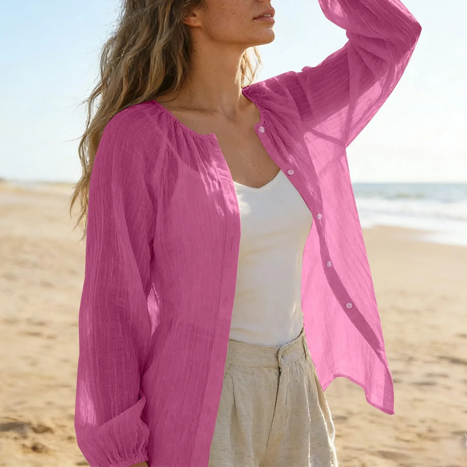 Женская блузка из хлопка и льна с длинным рукавом, Hot Pink — фото 3