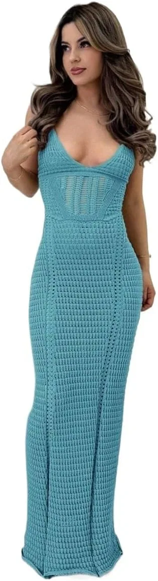 Женское трикотажное платье макси с открытой спиной Generic, Blue