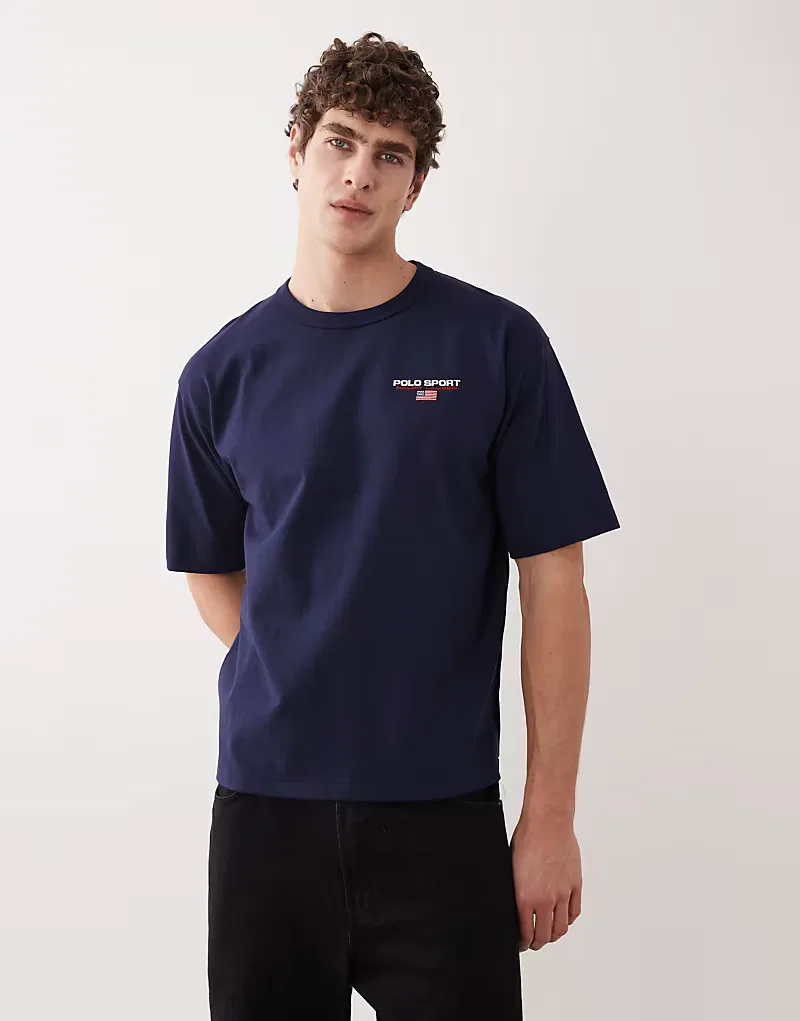 Футболка Polo Ralph Lauren Sport с небольшим логотипом-флажком, свободного кроя, из плотной ткани, темно-синий