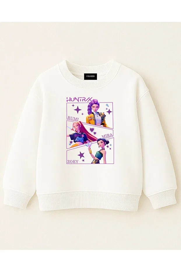 Детские свитшот для девочек оверсайз с принтом Kpop Demon Hunters Huntrix Zoey Rumi Mira Front Back Printed Oversized No Sharadon Girls' Sweatshirt Fasardi, Ecru