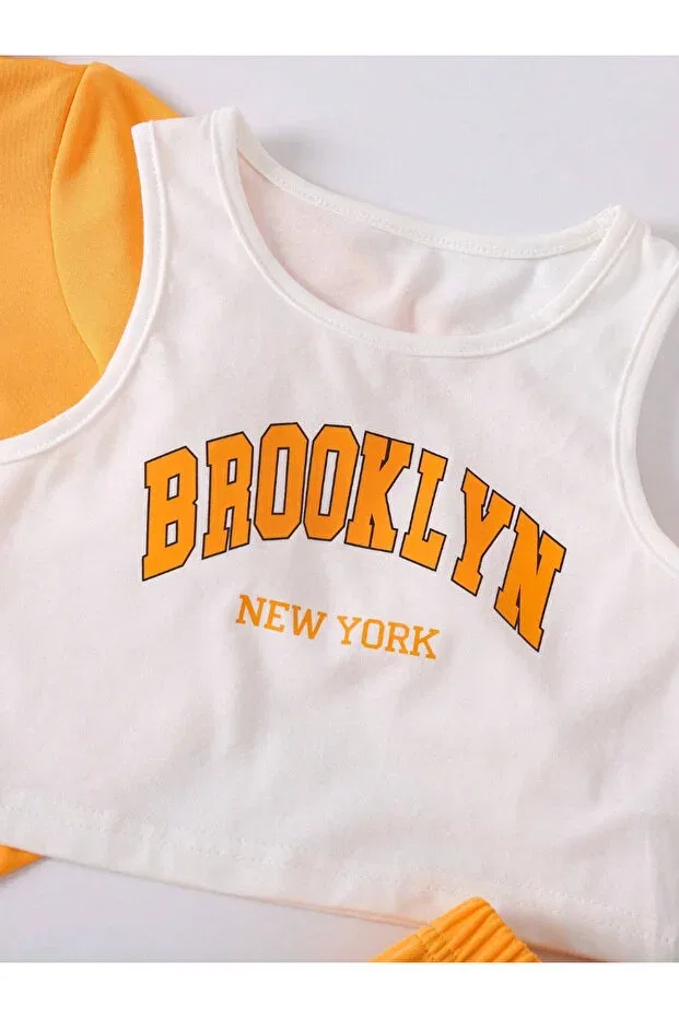 Детский спортивный комплект из толстовки и брюк с принтом Brooklyn White Strappy Crop Machetta, Orange — фото 4