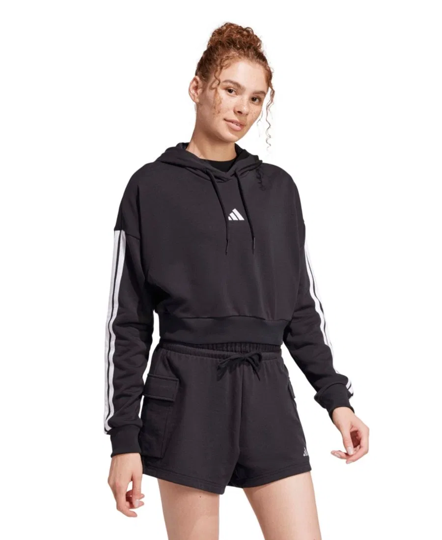 Женский укороченный худи из футера с фирменными полосками adidas, Black/White — фото 2