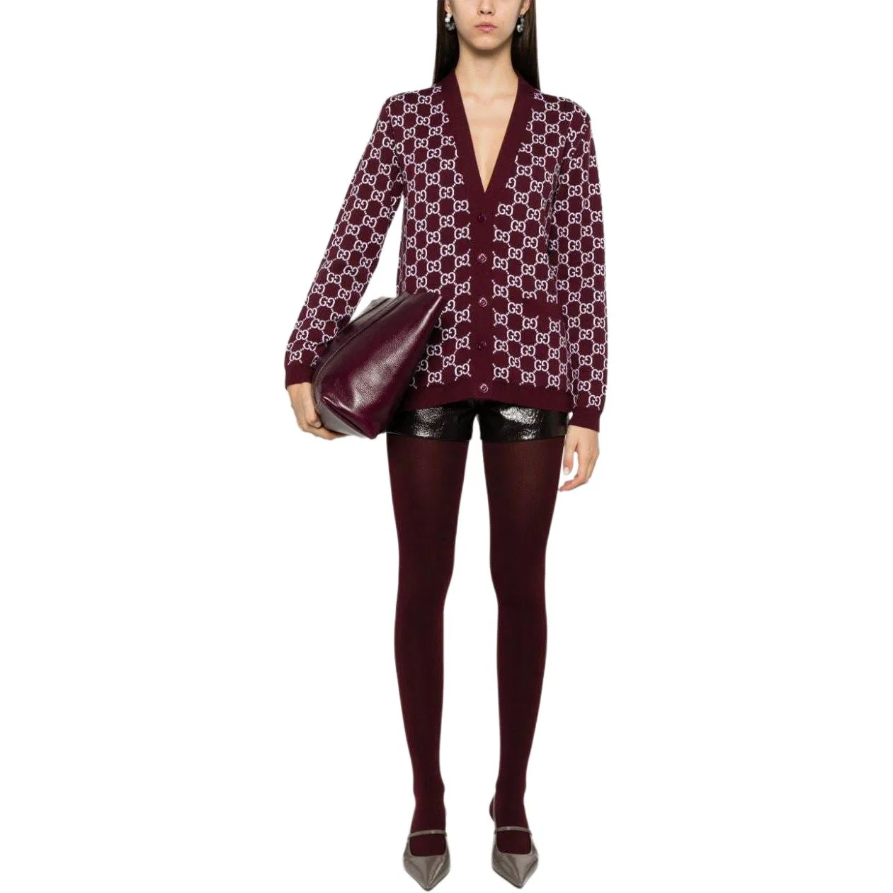 Женский жаккардовый кардиган на пуговицах Reversible Gg Jacquard GUCCI, Burgundy — фото 3