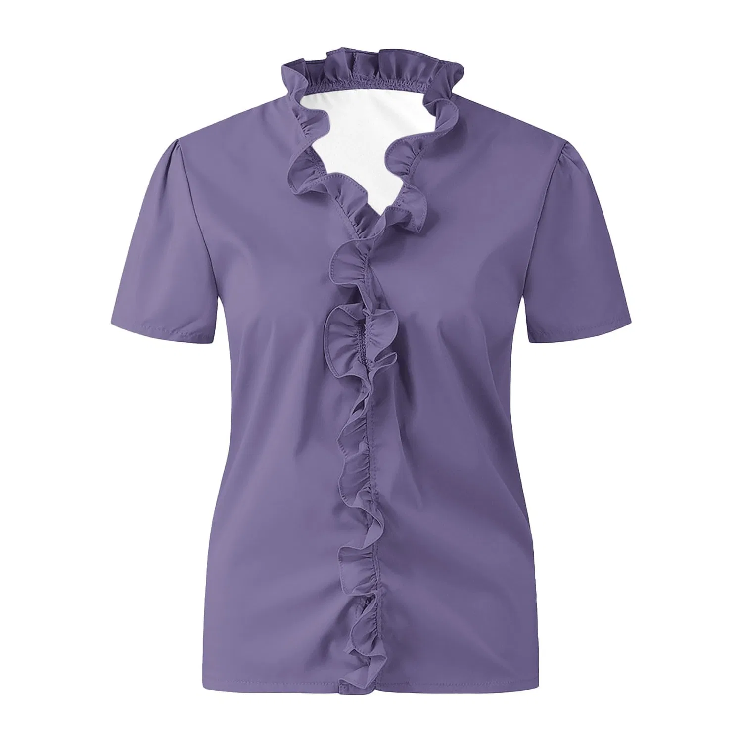 Женская блузка с V-образным вырезом и воланами, с коротким рукавом, Short Sleeve-purple 03 — фото 4