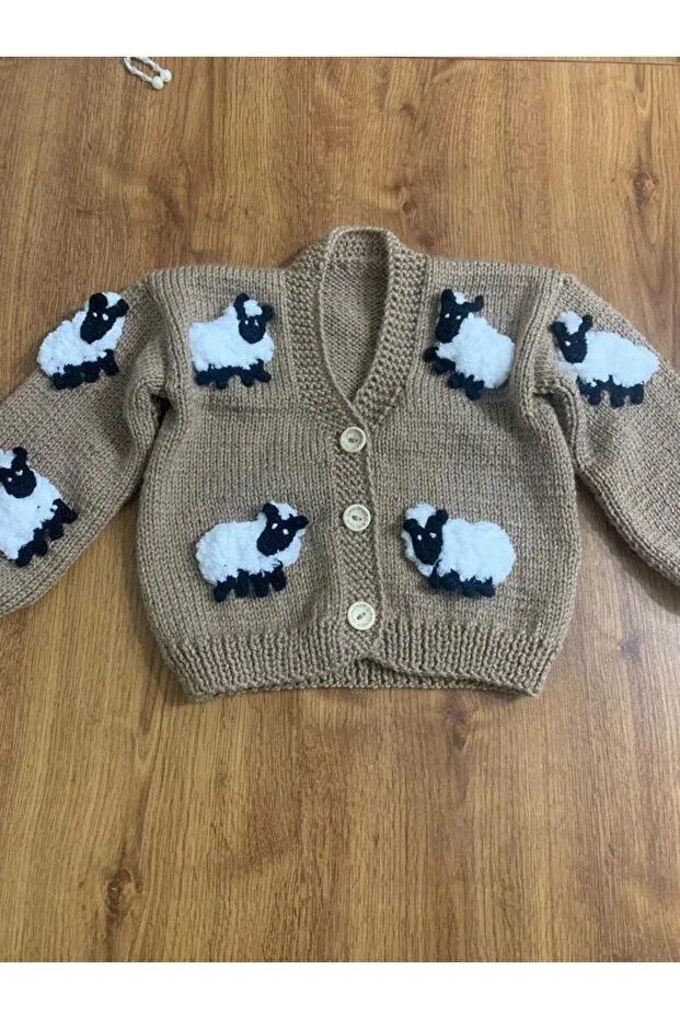 Детский кардиган с принтом Lamb El Örgüsü Cici Bebe, Open Coffee