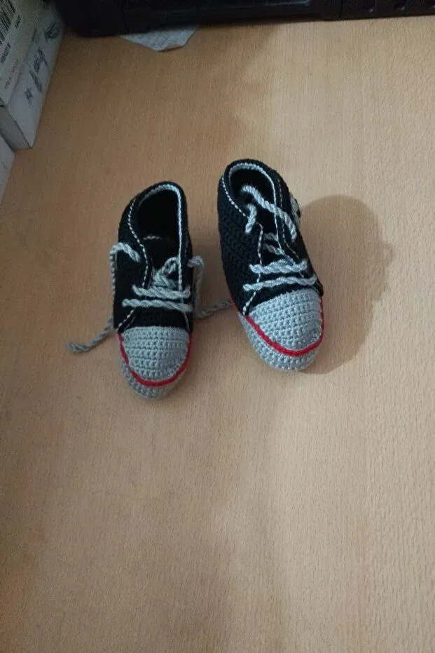 Детские пинетки ручной вязки без каблука Güzel Kaman, Black Gray Red — фото 2