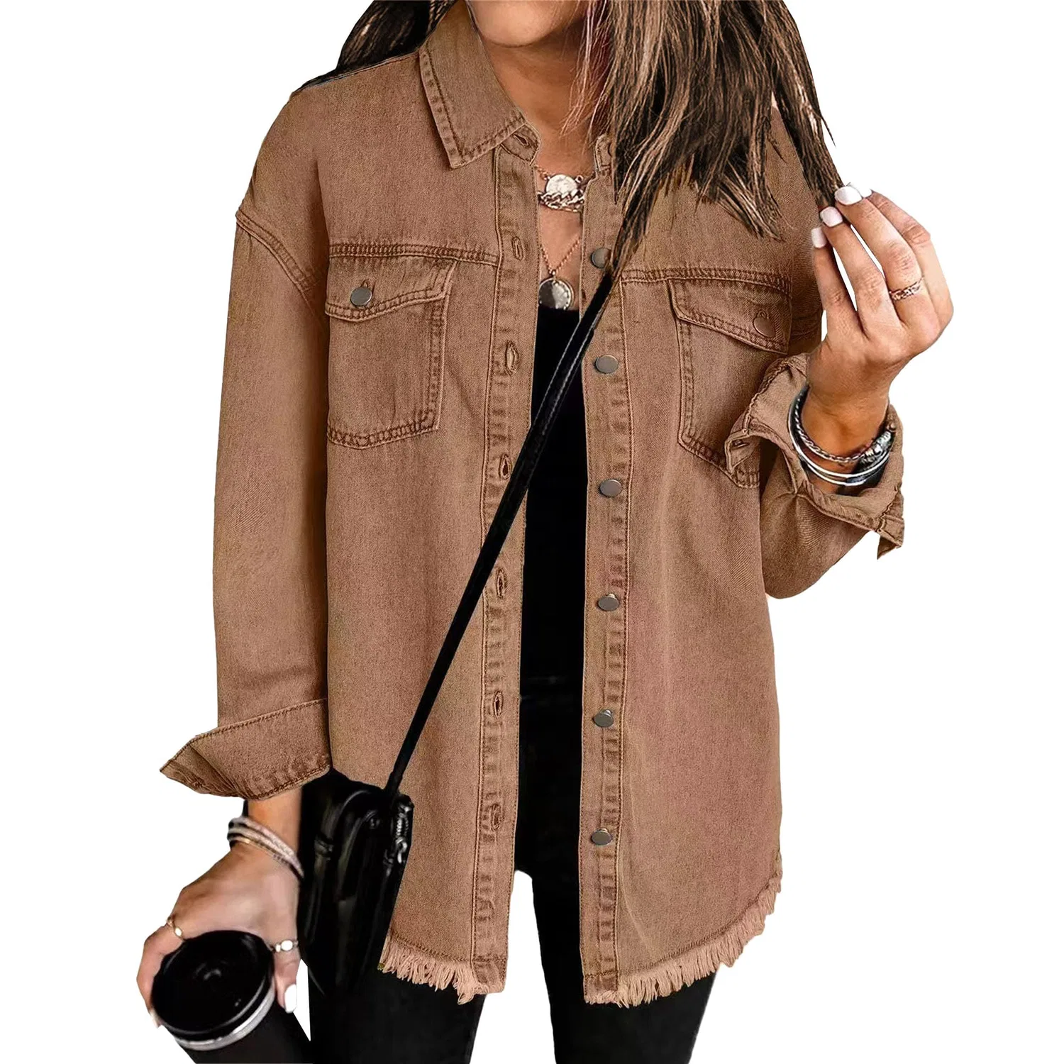 Женская джинсовая куртка oversize с длинным рукавом, 2025 Y2K Trendy, Marrone