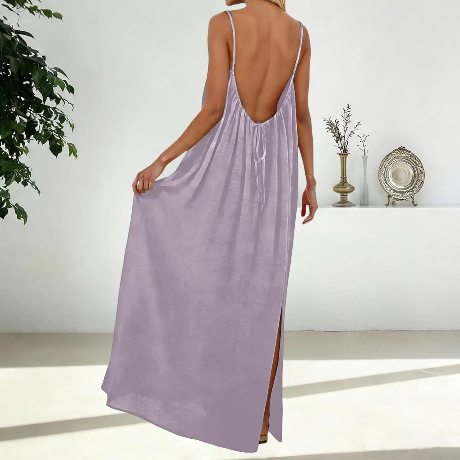 Женское летнее макси-платье с открытой спиной на тонких бретелях, Purple — фото 4