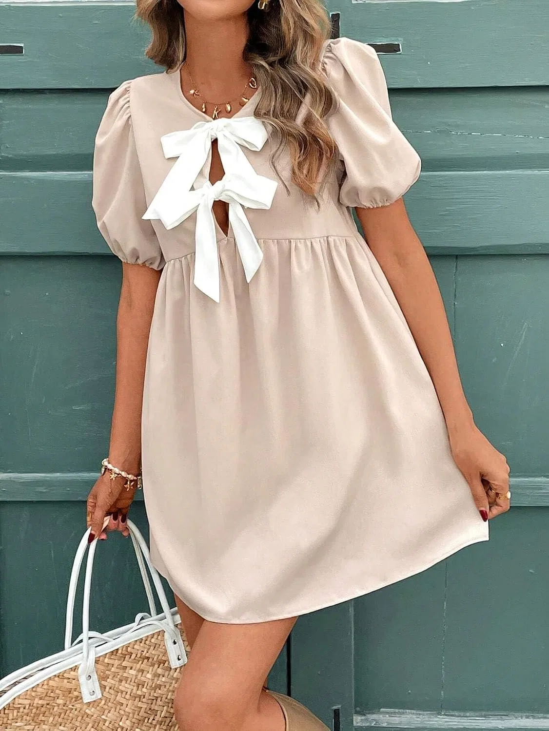 Женское мини-платье с пышными рукавами и бантом, Apricot — фото 4