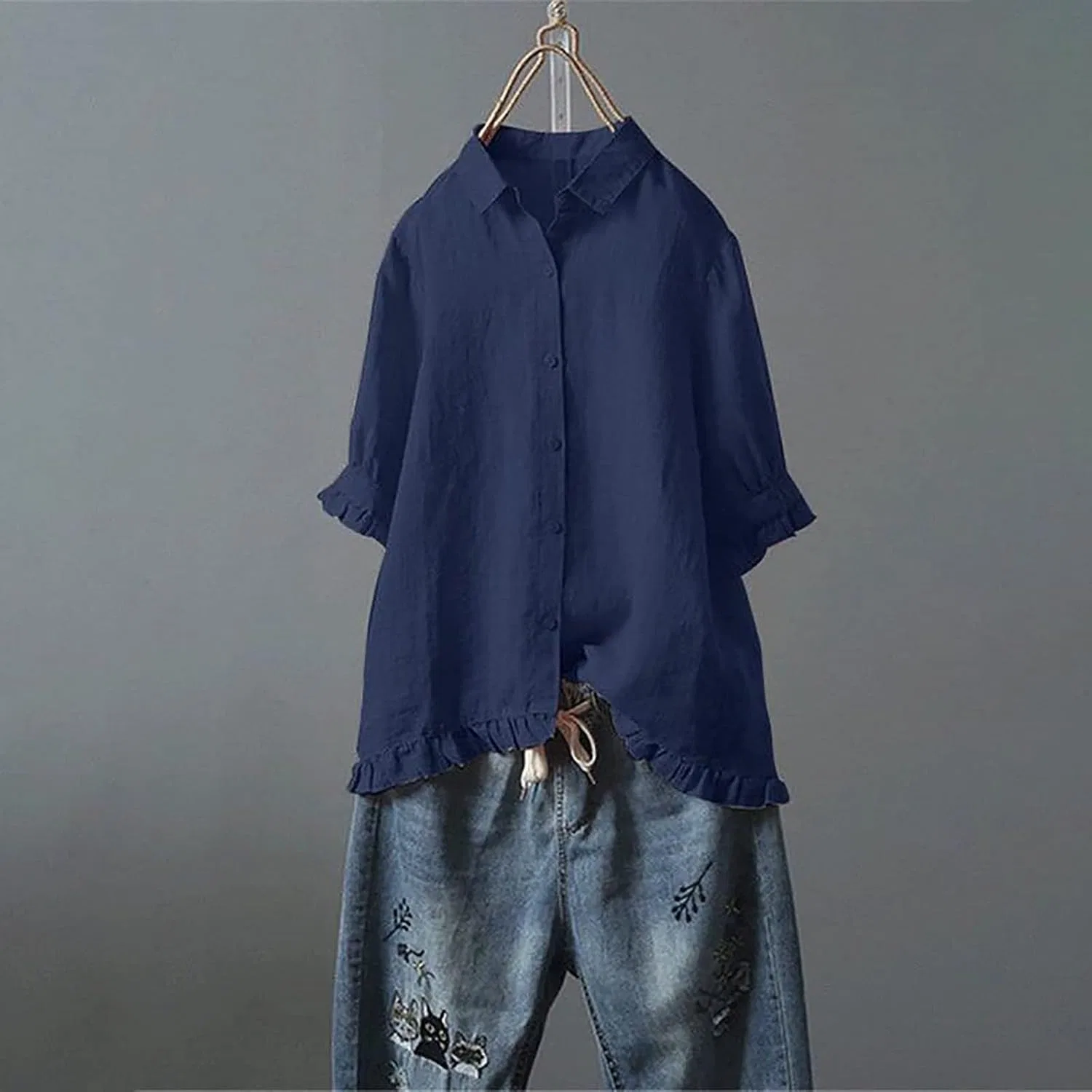 Женская льняная блуза с рукавом 3/4, Oversized, Western, тёмно-синий — фото 3