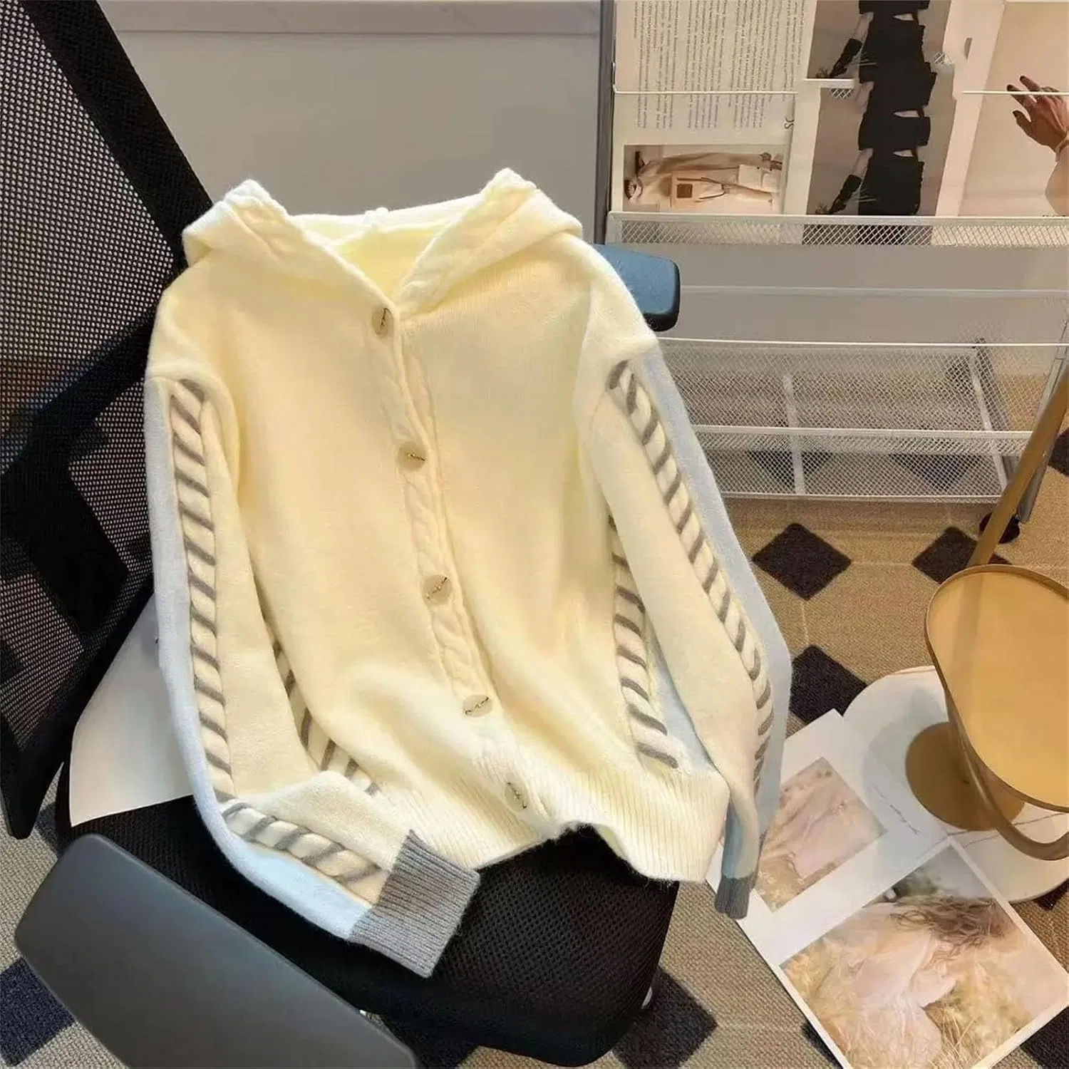 Женский капюшонный кардиган свободного кроя с длинным рукавом, Vintage, абрикосовый — фото 2