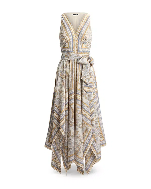Женское платье с принтом Paisley Georgette Handkerchief Hem Dress Ralph Lauren, White Multi