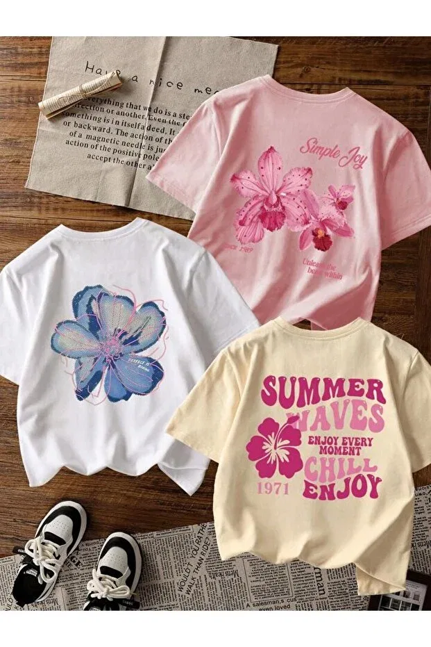 Детский комплект футболок для девочек с принтом Morning Kids, Beige-Pink-White1