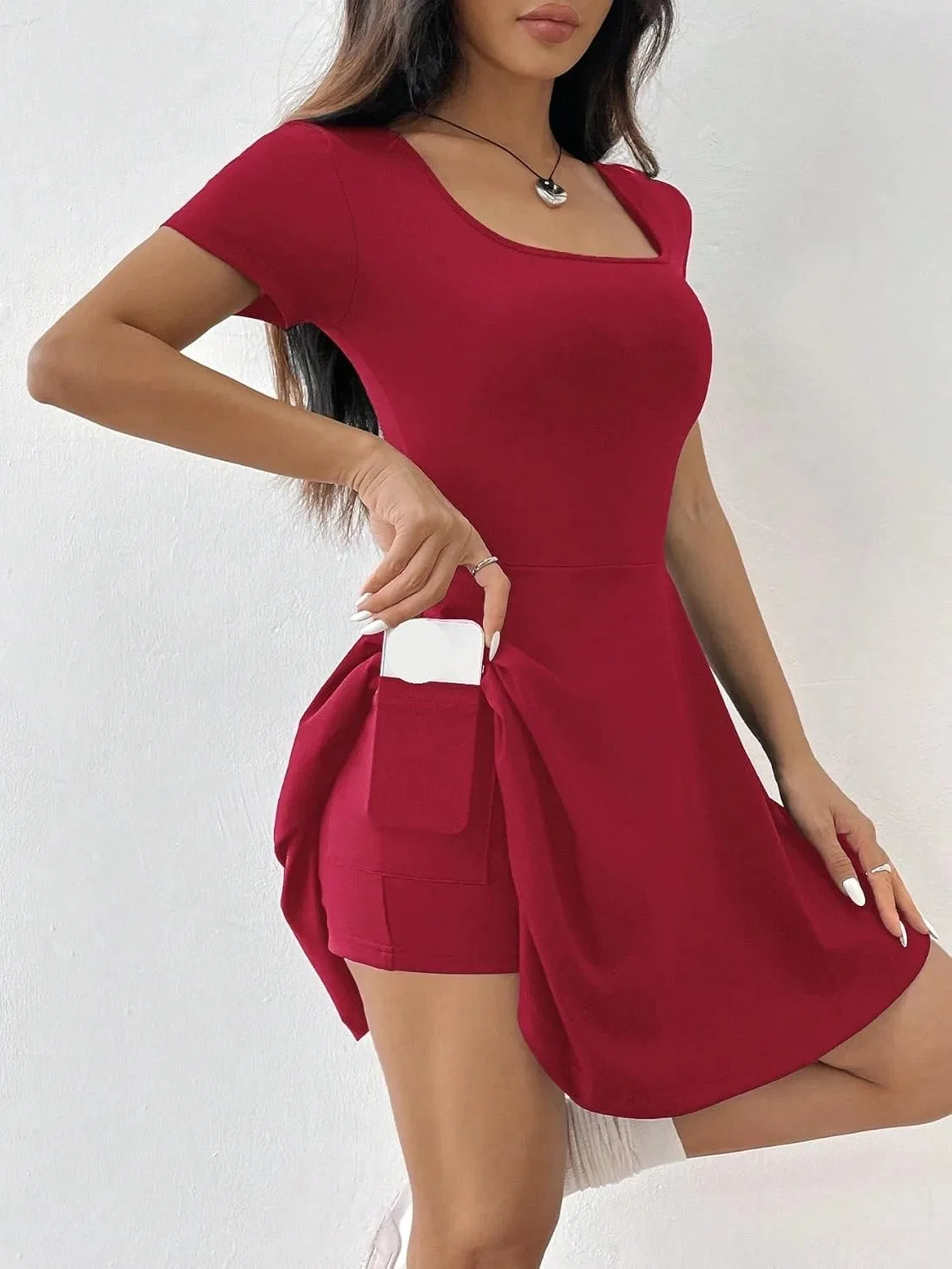 Женское мини-платье А-силуэта с длинным рукавом, Rose Red — фото 4