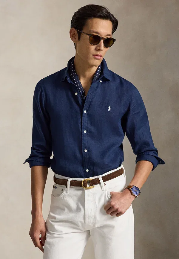 Рубашка с длинным рукавом из льна Polo Ralph Lauren, белый/темно-синий