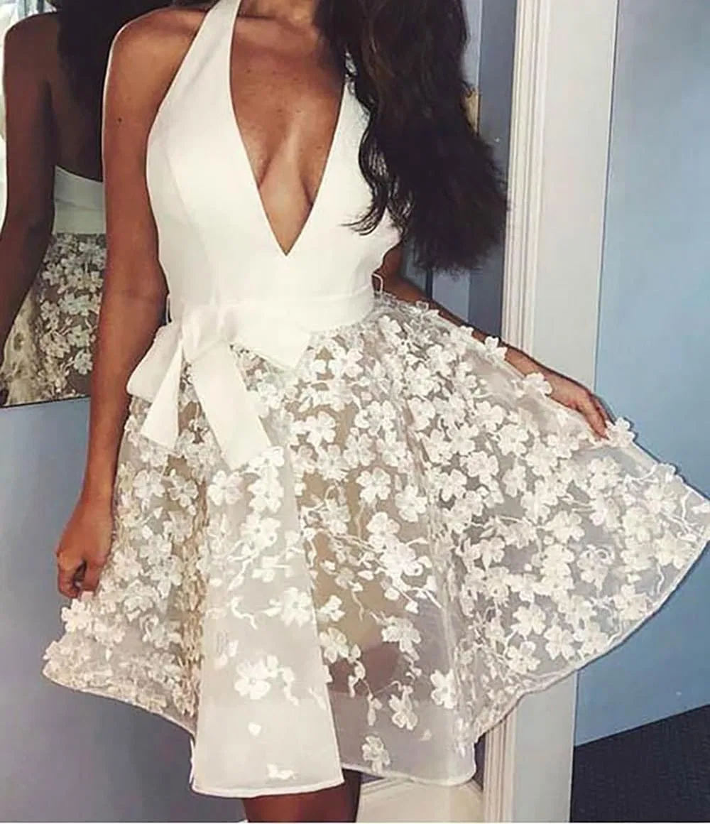 Женское короткое свадебное платье с 3D цветами Satin, White — фото 3